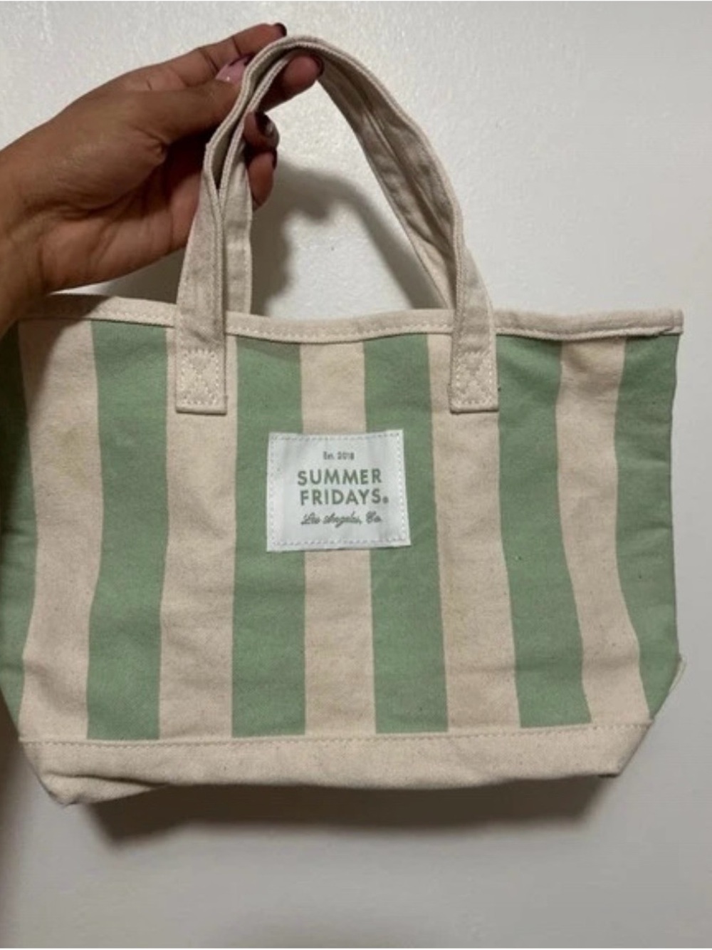 Summer Fridays Green & Cream Striped Canvas Tote